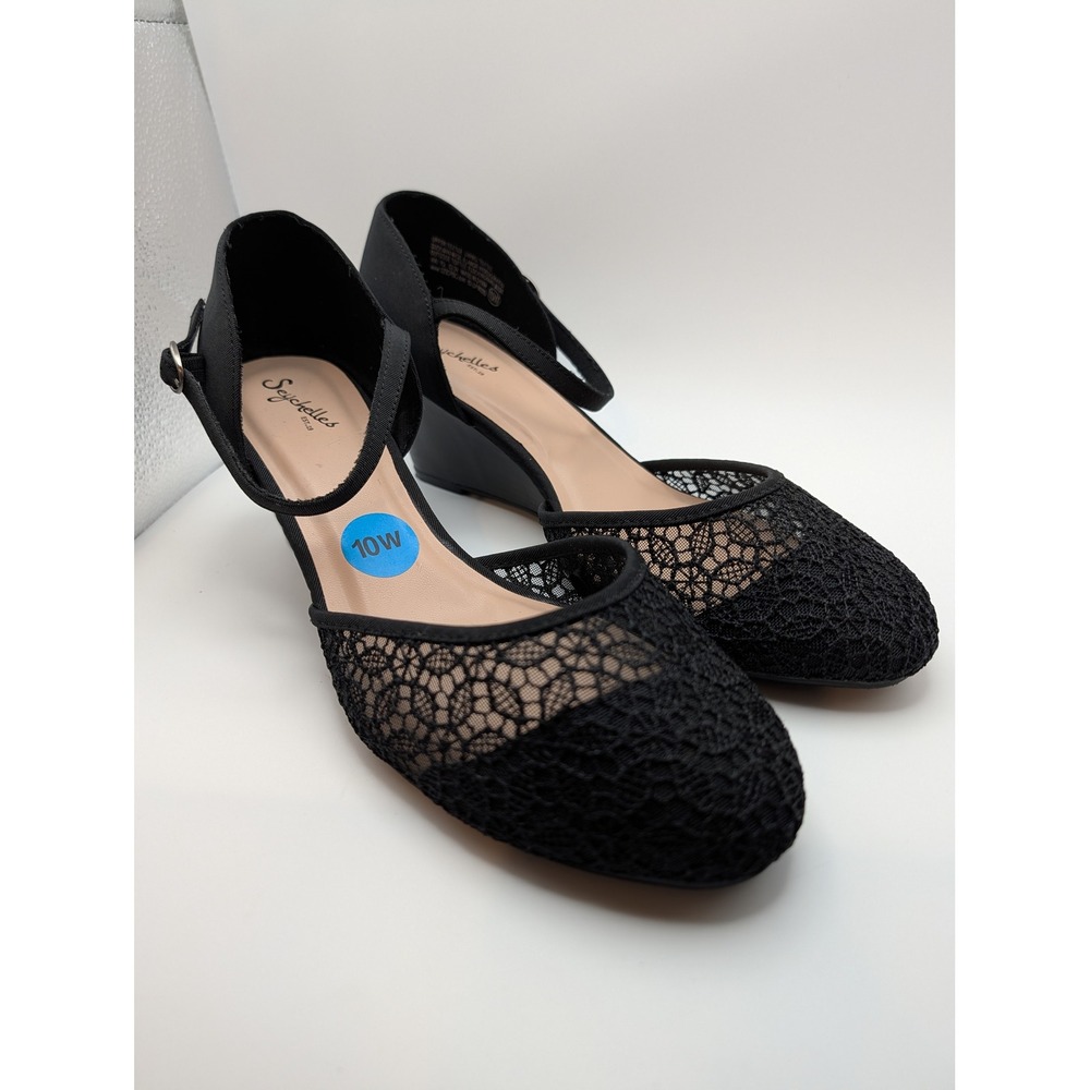 Seychelles Elanor Black Lace Wedge Heels Ankle Strap D'Orsay Womens 10 Wide NWOB